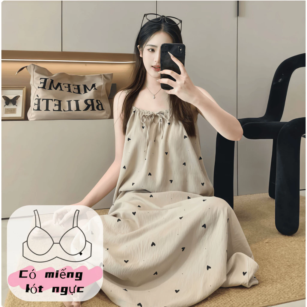 【Có lót ngực】Đầm ngủ nữ phong cách ngọt ngào - Mới 2026 - Dáng suông rộng rãi, cotton thoáng khí, có dây đeo, màu trơn nhẹ nhàng, mặc ở nhà hoặc đi biển đều đẹp