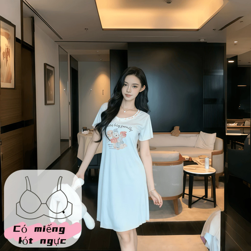 【Có miếng lót ngực】Đầm ngủ nữ dáng ngắn xinh xắn - Mới nhất xuân hè - Cotton mềm mịn - In mèo hoạt hình ngộ nghĩnh - Cổ tròn, dáng rộng thoải mái - Đồ mặc nhà thoáng khí - Có thể mặc ngoài đường tiện lợi