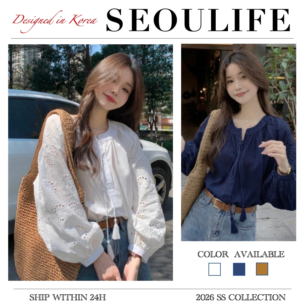 SEOULIFE | Áo sơ mi nữ thêu ren tay dài form rộng phong cách Hàn Quốc áo kiểu nữ thanh lịch dễ thương
