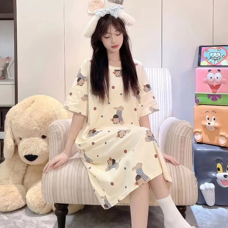 【HOT HÈ 2026】Đầm ngủ nữ cotton mây co giãn - Cổ tròn, áo luồn đầu, tay ngắn - Dễ thương, mặc mát cả ngày - Đồ mặc nhà thoải mái