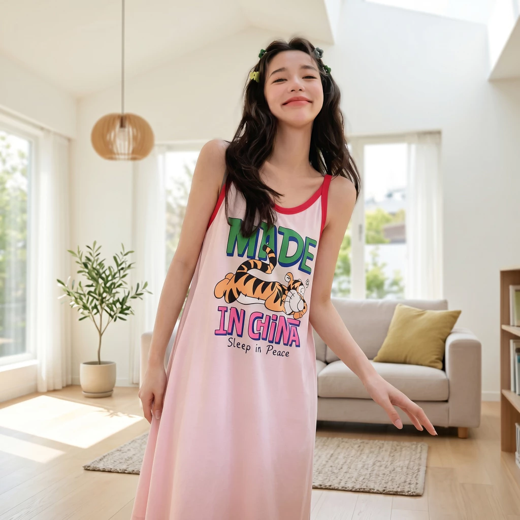 【Mới Hè 2026】Váy Ngủ 2 Dây Form Rộng Họa Tiết Hoạt Hình Dễ Thương - Size Lớn Cho Người Béo, Dáng Dài Thoải Mái, Có Thể Mặc Ra Ngoài