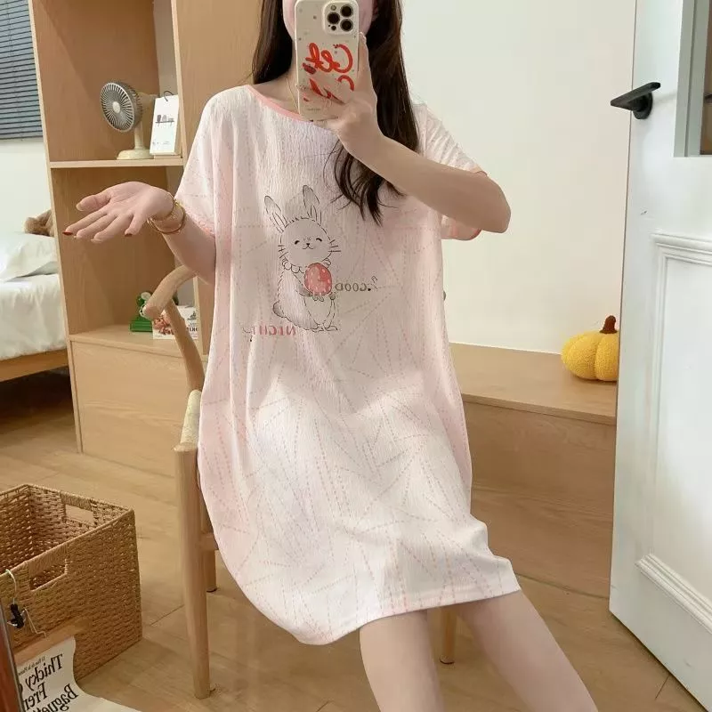 【Mẫu mới hè 2026】Đầm ngủ nữ cotton mây tay ngắn - Dáng dài vừa, cổ tròn - Họa tiết hoạt hình dễ thương - Form rộng size lớn, mỏng nhẹ