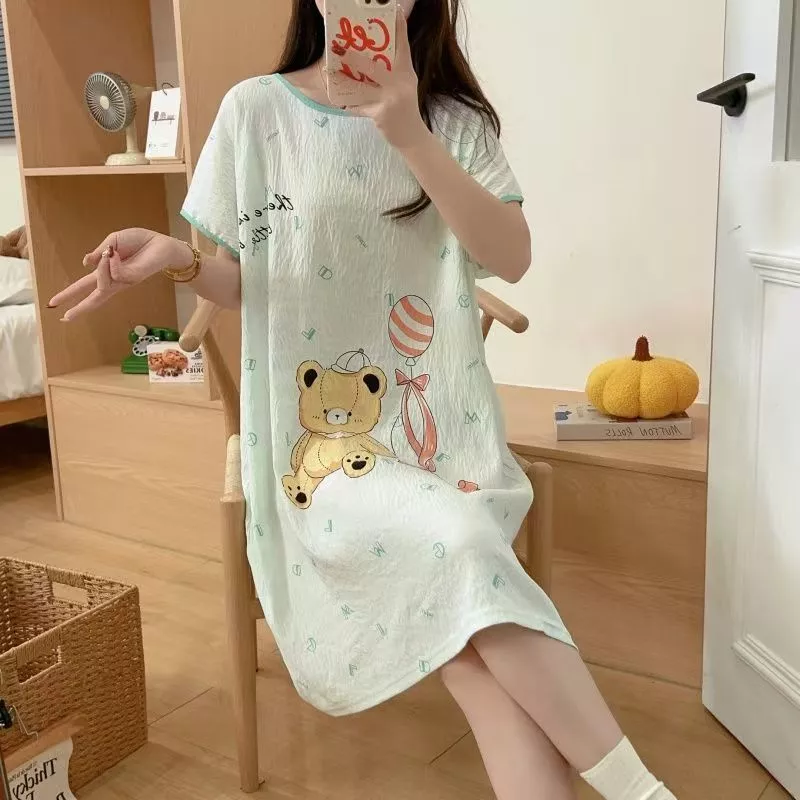 【Mùa Hè】Váy Ngủ Nữ Chất Liệu Cloud Cotton Mới - Tay Ngắn Dáng Suông, Họa Tiết Hoạt Hình Dễ Thương, Phong Cách Trẻ Trung Cho Nữ Sinh