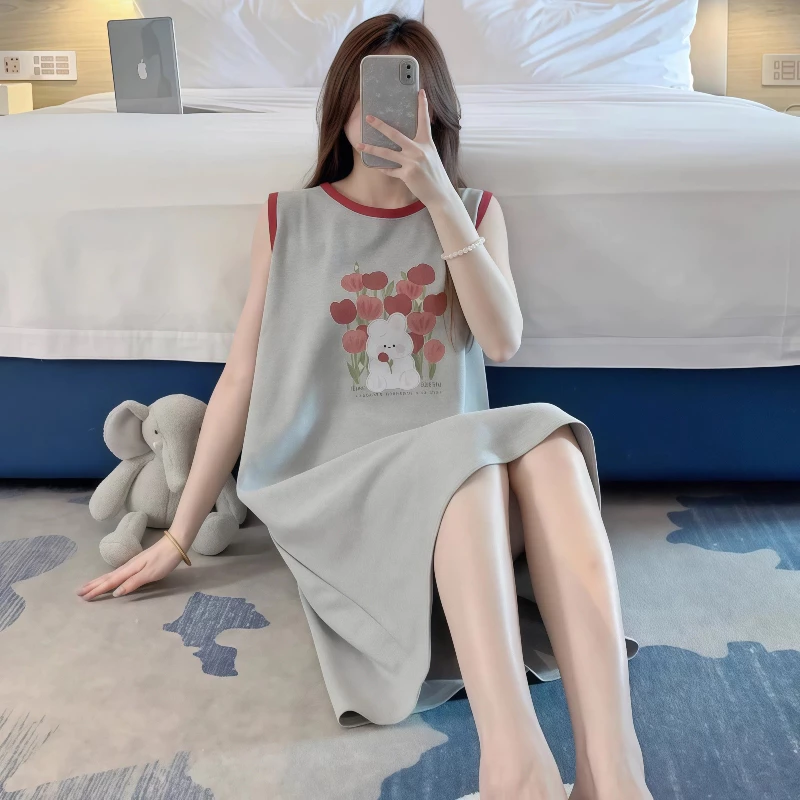 Áo Vest Dài Váy Ngủ Mùa Hè Bộ Đồ Ngủ Nữ Ngọt Ngào Hoạt Hình Dễ Thương Có Thể Mặc Bên Ngoài Homewear Phù Hợp Với Đầm
