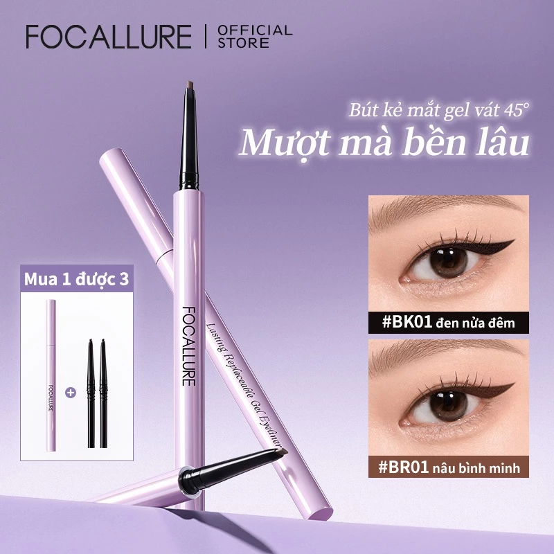 FOCALLURE TRANG TRÍ 45° Bút kẻ mắt Gel góc mịn màng lâu trôi có thể nạp lại Mua 1 tặng 3