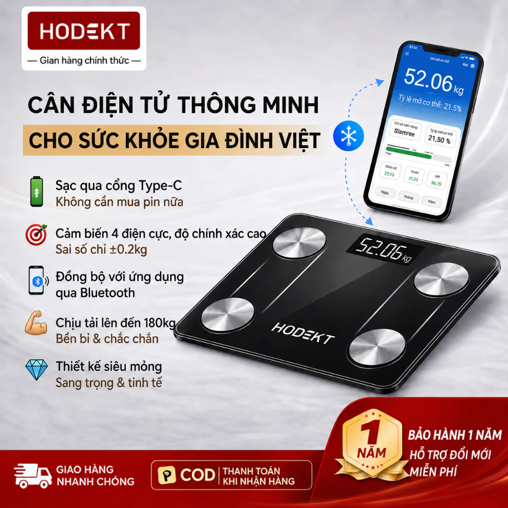 Cân Điện Tử Đo Mỡ Cơ Thể HODEKT, Kết Nối App, 21 Chỉ Số, 4 Điện Cực, Độ Chính Xác 0.1kg, Sạc Type-C