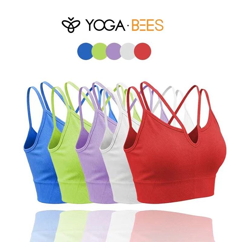 YOGA BEES Ribbed Crisscross Strap Áo Ngực Thể Thao, Hỗ Trợ Vừa 5 Màu Tập Luyện Crop Top