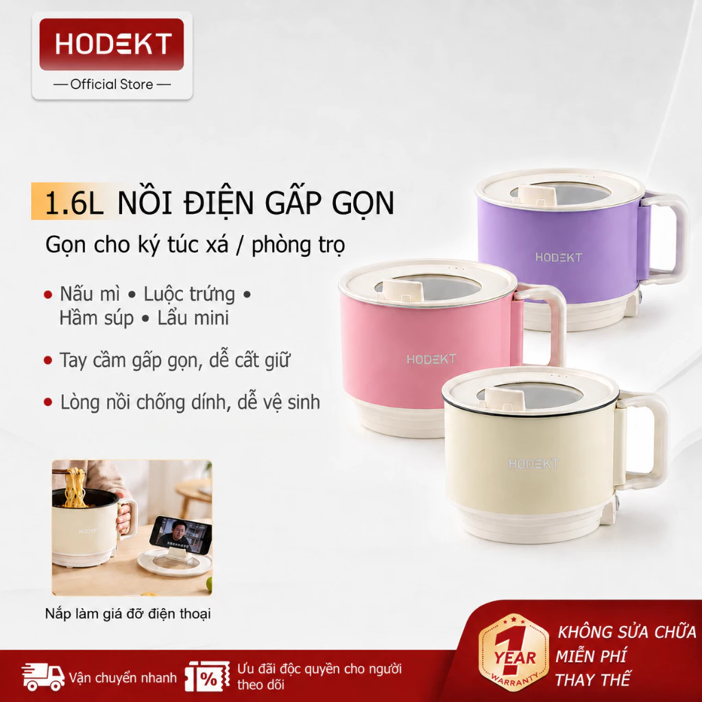 Nồi Điện Mini Đa Năng HODEKT Có Tay Cầm Gập Gọn Dung Tích 1.6L 600W Mì Xào Hầm Chống Dính