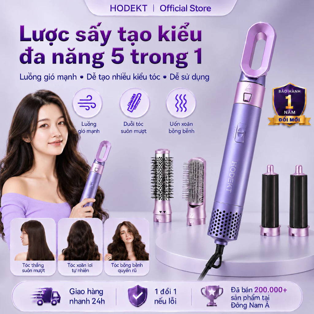 Lược Điện Tạo Kiểu HODEKT 5in1 Sấy/Phồng/Duỗi/Uốn Tự Động Làm Nóng Nhanh PTC Chăm Sóc Tóc Bằng Ion