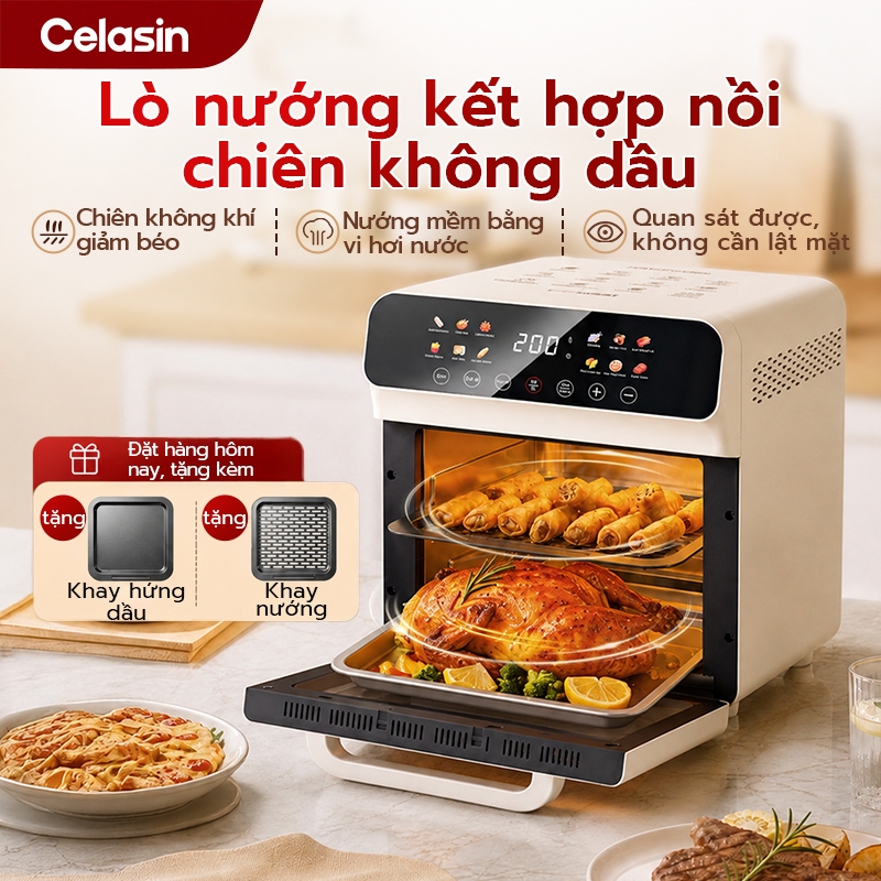 Celasin Nồi Chiên Không Dầu Đa Năng Hấp Nướng, Công Nghệ Gió Nóng 360°, Lòng…
