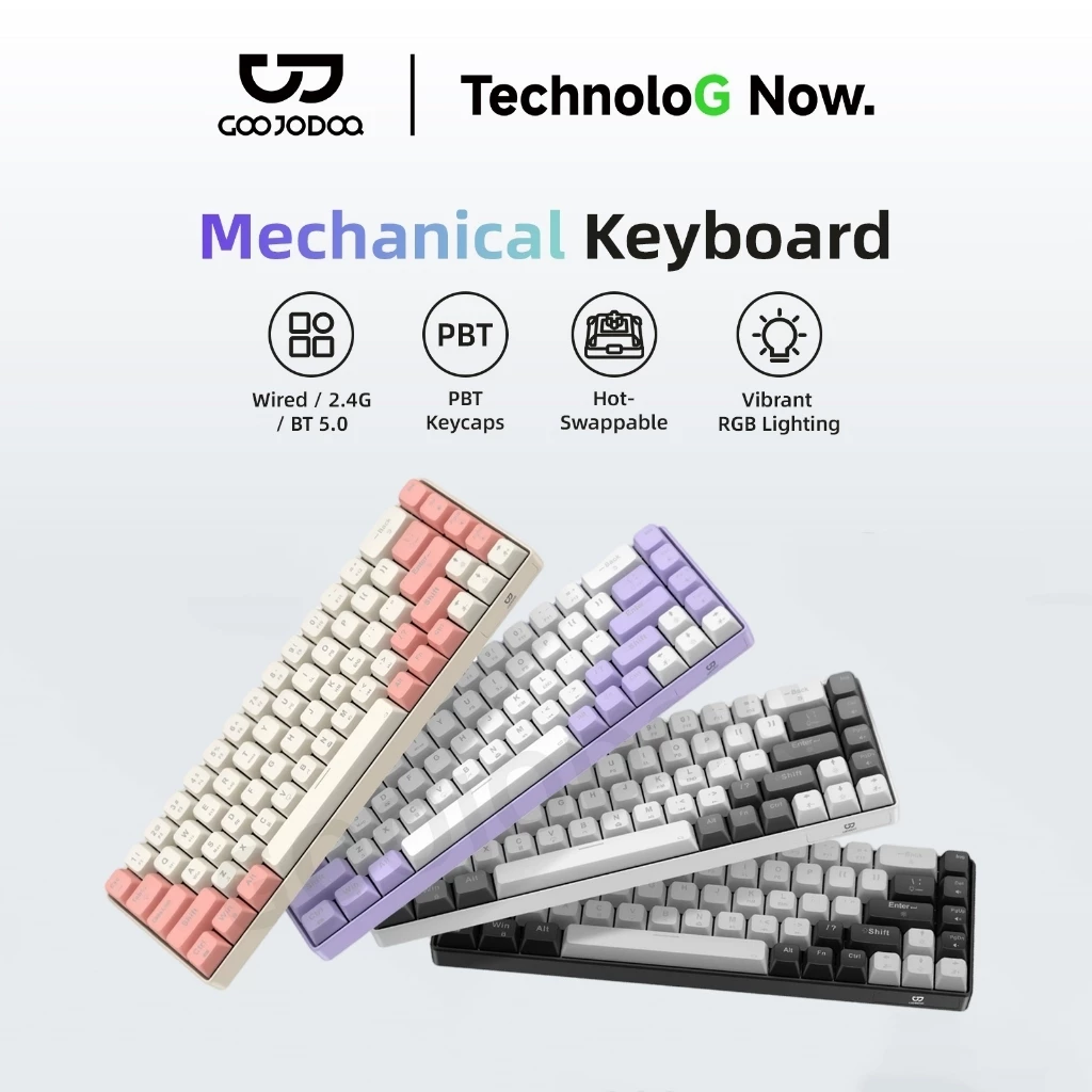 Bàn phím cơ GOOJODOQ 68 phím có đèn nền RGB với các tùy chọn kết nối có dây, Bluetooth và 2.4G; có sẵn với các loại switch màu đỏ, xanh dương và nâu.