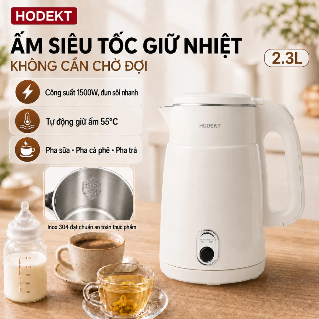 Ấm Đun Giữ Nhiệt HODEKT 2.3L 1500W Duy Trì Nhiệt 55°C Chất Liệu Thép Không Gỉ 304 An Toàn Khi Dùng