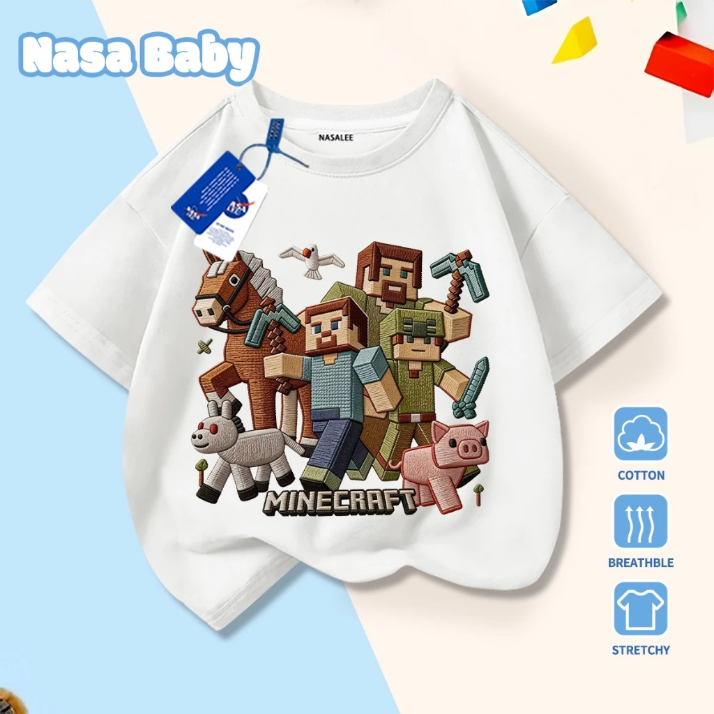 [Hàng có sẵn Giao hàng ngay lập tức] Áo thun in hình Minecraft của NASA Cotton Thoải mái thoáng khí Áo ngắn tay cho trẻ em