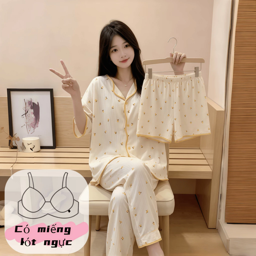 【có đệm lót ngực】Bộ đồ ngủ nữ mặc nhà hay đi chơi đều đẹp – Bộ 3 món cardigan nữ phong cách ngọt ngào, họa tiết in, chất liệu cotton 100%, mới ra mắt mùa xuân hè