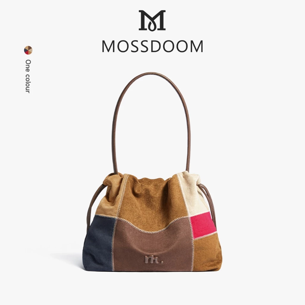 【The Puzzle Collection】MOSSDOOM Ruvi Bag Túi Tote Da Lộn Chặn Màu Có Dây Rút Đóng Cửa Dung Tích Lớn Phong Cách Retro Đa Năng Để Đi Lại
