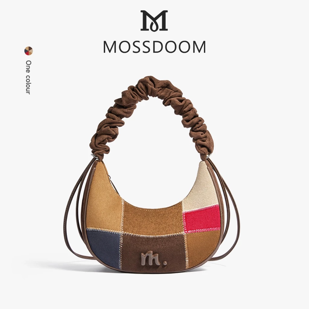 【The Puzzle Collection】MOSSDOOM Velvie Bag Túi đeo vai da lộn hình mặt trăng phong cách cổ điển có tay cầm xếp li mềm có thể đeo vai hoặc túi đeo chéo