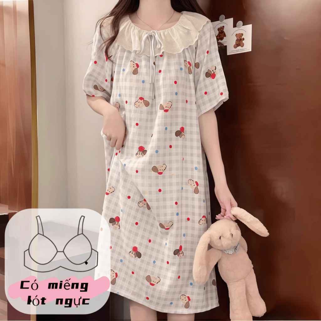 【có miếng độn ngực】Đầm ngủ nữ xuân hè mới – Cổ tròn đính ren – Chất cotton dễ thương – In họa tiết ngọt ngào – Phong cách công chúa xinh xắn – Thoáng mát mặc nhà – Có thể mặc ra ngoài
