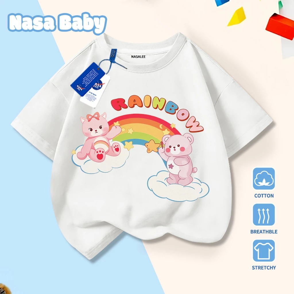 [Hàng có sẵn Giao hàng ngay lập tức] Áo thun in hình gấu cầu vồng NASA Cotton thoải mái thoáng khí cho trẻ em Áo ngắn tay