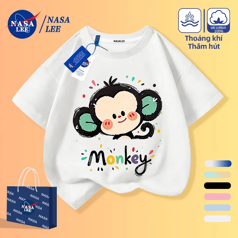 [Giao hàng trong ngày] Áo thun Cotton nguyên chất màu trắng cho trẻ em Bầu không khí hoạt hình Khỉ trẻ em Họa tiết dễ thương 3-16 tuổi dáng rộng tay ngắn thông thường