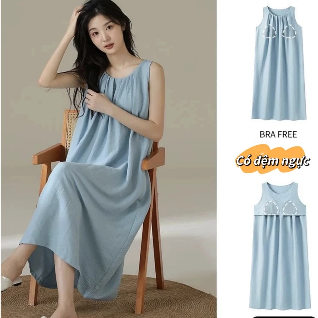 【Phiên bản Pháp】Đầm Ngủ Nữ Dài Có Đệm Ngực - Chất Cotton Cao Cấp Màu Trơn - Form Dáng Thanh Lịch, Thoải Mái - Mặc Nhà Sang Trọng