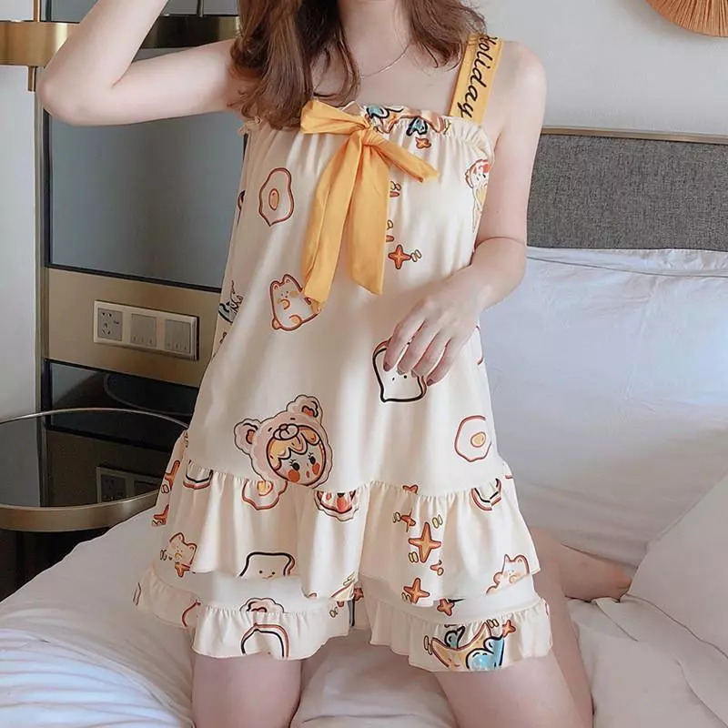 【Thanh lý】【Hot trend】Bộ đồ ngủ tay ngắn + quần đùi cho nữ – Phong cách công chúa – Nơ to bản + ren thanh lịch – Chất mát mẻ – Mặc nhà cực kỳ dễ thương