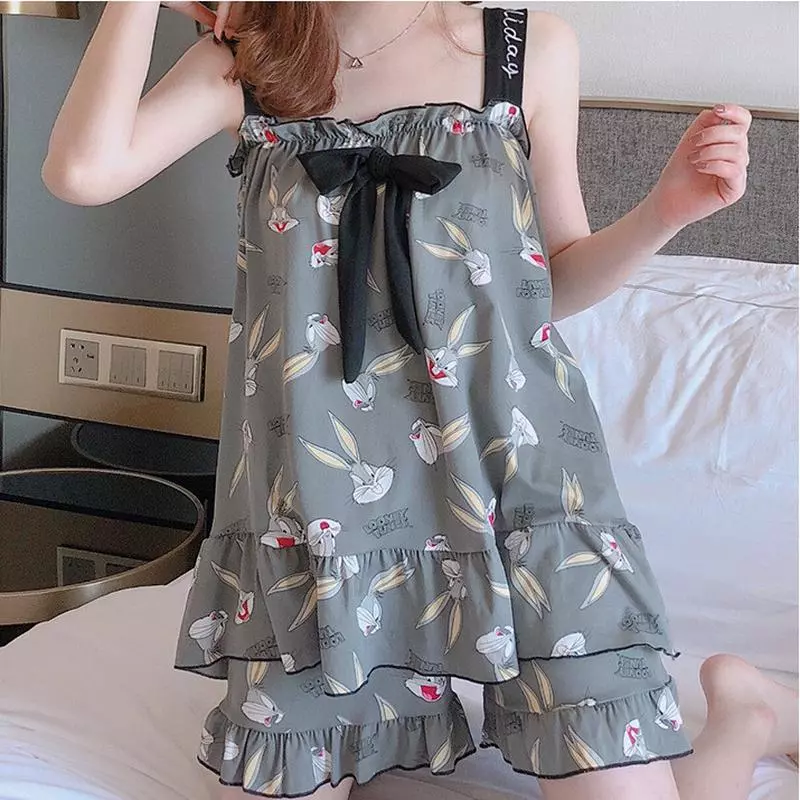 【Thanh lý giá rẻ】Bộ đồ ngủ mùa hè mát mẻ dành cho nữ sinh - Áo hai dây cổ bèo nhún tay bồng, quần sooc ngắn phong cách Hàn Quốc dễ thương