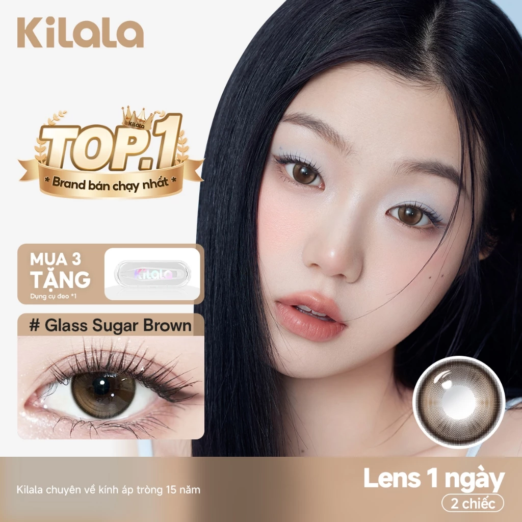Kính áp tròng Kilala màu nâu Glass Sugar Brown lens cận 1 ngày DIA 14.2mm có độ (0-8) 2 chiếc