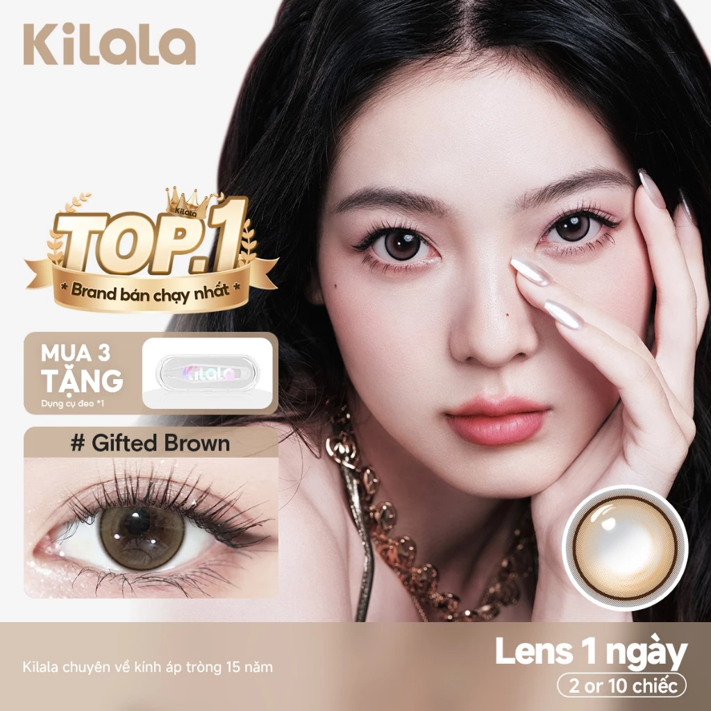 Kính áp tròng Kilala lens 1 ngày màu lam Gifted Brown DIA 14.0mm có độ (0-7) 10 chiếc 2 chiếc