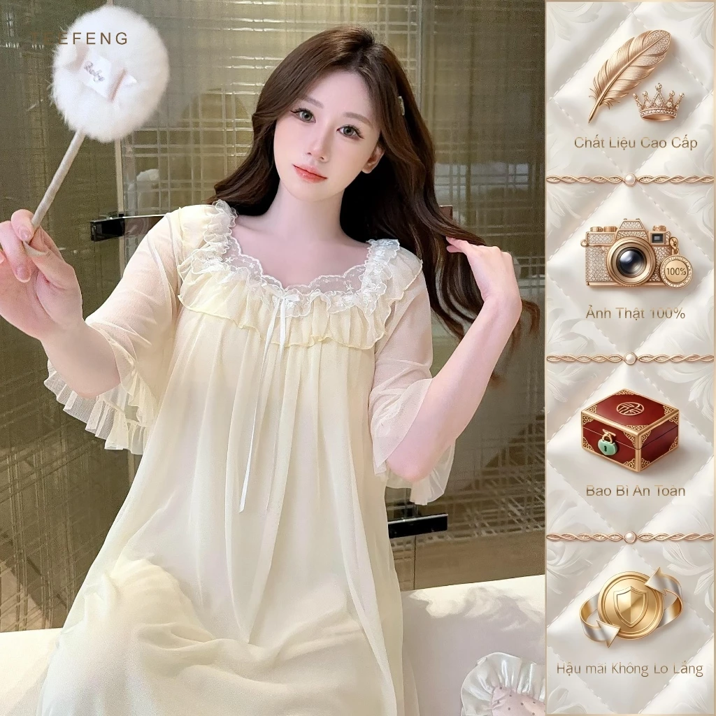 TEEFENG Váy Ngủ Nữ Lưới Modal Ren Công Chúa Tay Ngắn Có Miếng Lót Ngực Mùa Hè Mỏng Homewear