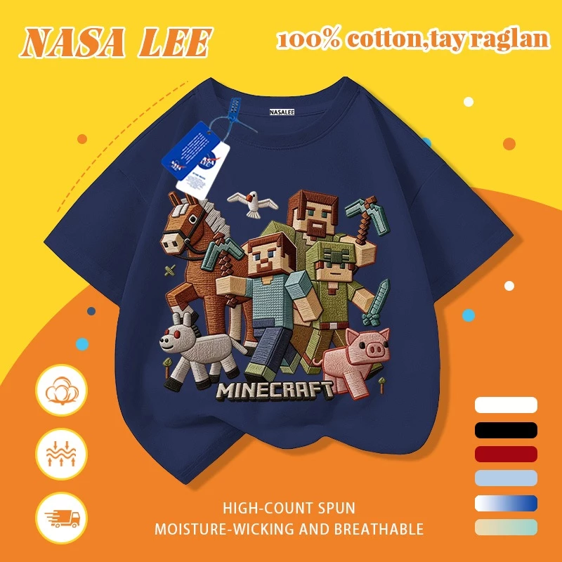 [Giao hàng trong ngày] Áo thun Cotton nguyên chất màu xanh trắng cho trẻ em NASA Áo thun Cotton thoáng khí Trò chơi hoạt hình Thiết kế phong cách Pixel Cảm giác in hợp thời trang 3-16 tuổi Bé trai bé gái tay ngắn thông thường