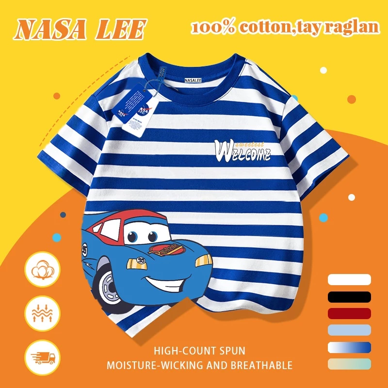 [Giao hàng trong ngày] Áo thun Cotton nguyên chất màu trắng cho trẻ em NASA Áo thun Cotton thoáng khí hoạt hình in xu hướng xe hơi 3-16 tuổi bé trai bé gái tay ngắn thông thường