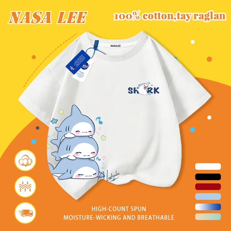 [Giao hàng trong ngày] Áo thun Cotton nguyên chất màu trắng cho trẻ em NASA Áo thun Cotton thoáng khí hoạt hình cá mập in hợp thời trang 3-16 tuổi bé trai bé gái tay ngắn thông thường