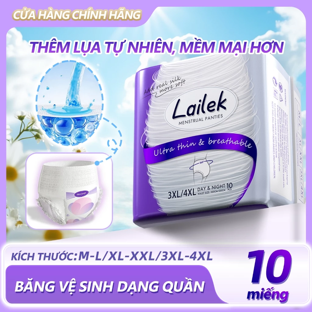 Quần băng vệ sinh Lailek 10 Miếng Chống tràn 360 độ siêu mỏng, bông hữu cơ, M/L - XL/XXL - 3XL/4XL