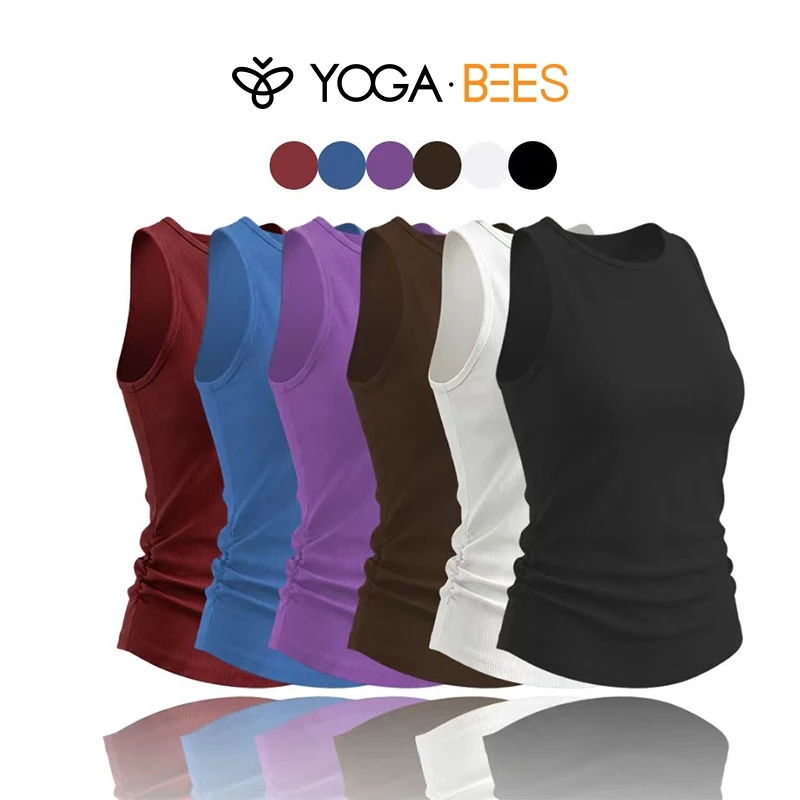 YOGA BEES Ribbed Side Ruched Tank Top, cổ tròn không tay Slim Fit Yoga Casual Workout Top 6 màu