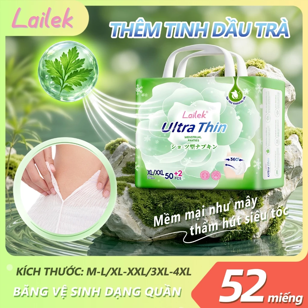 Bäng ve sinh dang quàn Lailek 52 Miếng Chống tràn 360 độ siêu mỏng, bông hữu cơ, M/L - XL/XXL