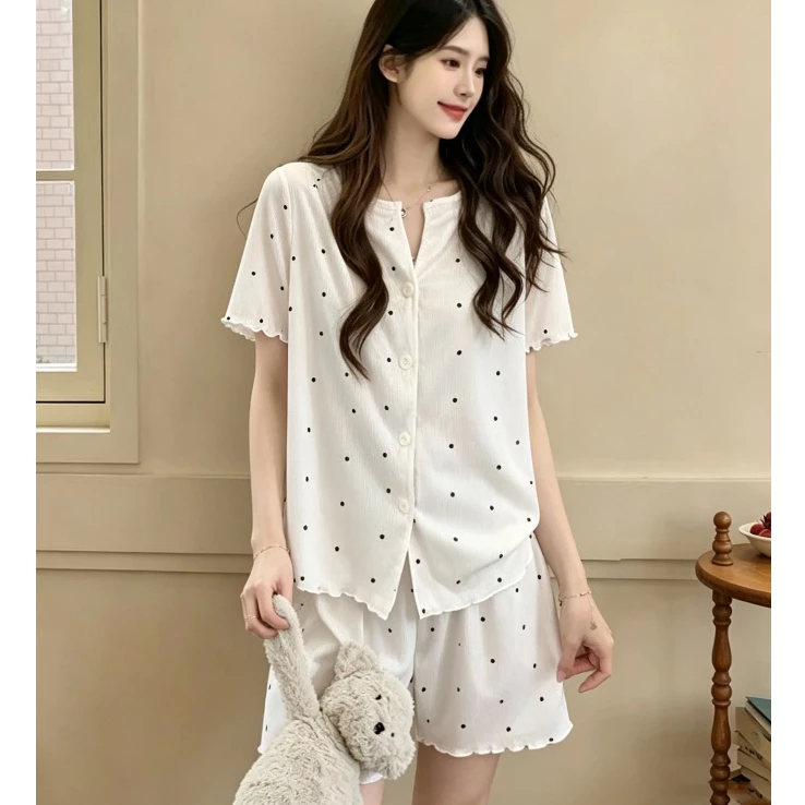 Mới Bộ đồ ngủ tay ngắn + quần short mùa hè chất liệu mát lạnh như lụa băng – Dạng áo khoác mở – Phong cách sinh viên ngọt ngào, trong sáng