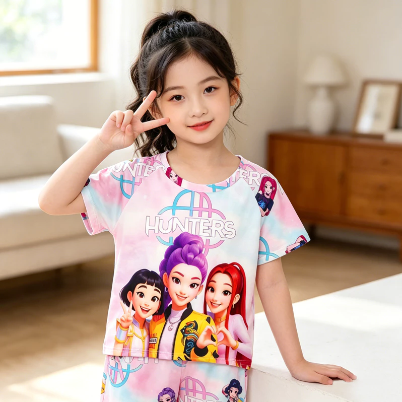 Kpop Demon Hunters Huntrix Bé Gái Hoạt Hình Bộ Đồ Ngủ Phong Cách Hàn Quốc Bé Trai Bé Gái Cổ Tròn Ngủ Mặc Pyjama Cho Trẻ Em