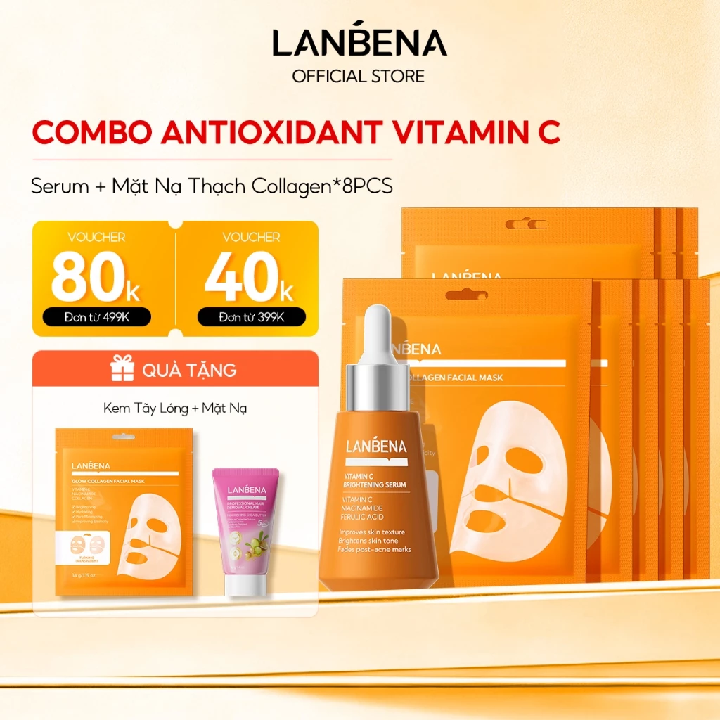LANBENA 8 CÁI Mặt Nạ Thạch Mặt nạ Collagen Glow (34G)  + Vitamin C Brightening Serum 30ml