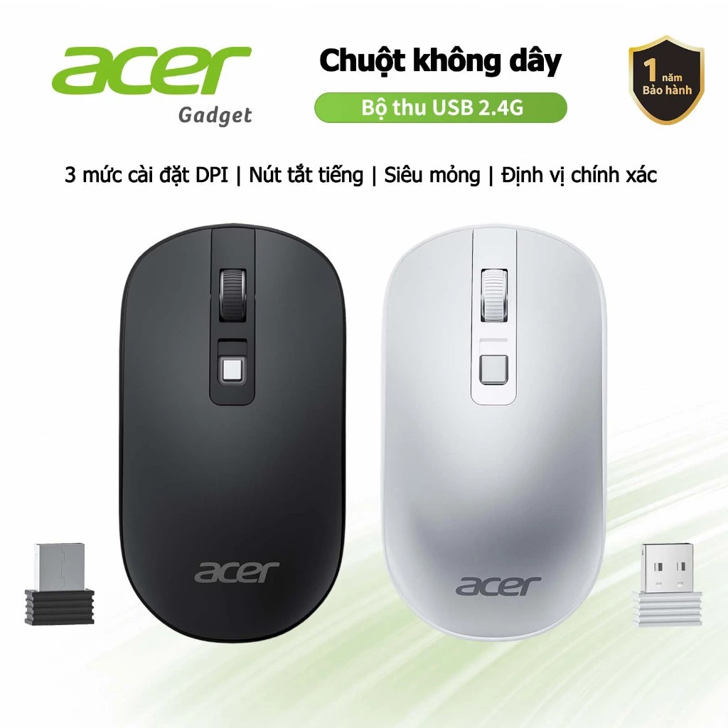 Acer Chuột không dây bluetooth Siêu Yên cho máy tính xách tay Chuột máy tính mỏng 2.4 GHz với 4 nút 3 dpi có thể điều chỉnh Đầu thu USB-A 1600 dpi giảm tiếng ồn Tương thích với PC / Mac / Máy tính để bàn / Máy tính M06