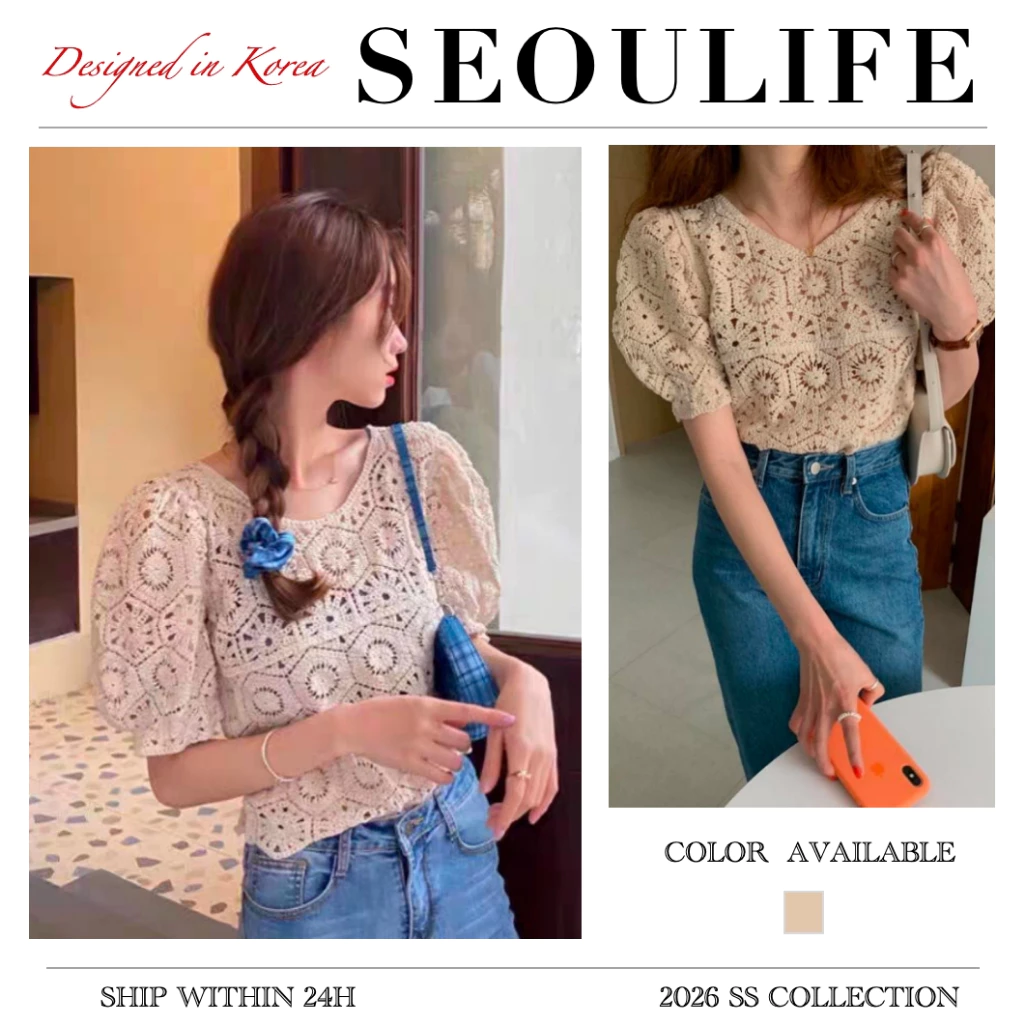 SEOULIFE | Áo sơ mi ngắn tay rỗng phong cách Hàn Quốc, thiết kế tay áo bong bóng dáng rộng, quần áo độc đáo và phong cách ,áo kiểu nữ.