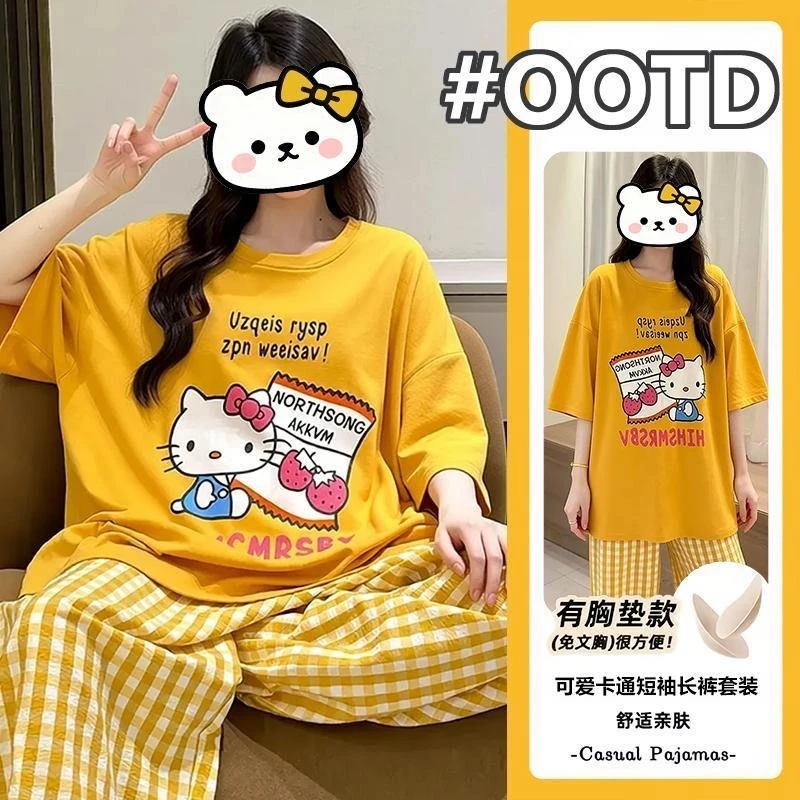 Mèo Hoạt Hình Có Thảm Ngực Pyjama Nữ Quần Ngắn Tay Bộ Nhà