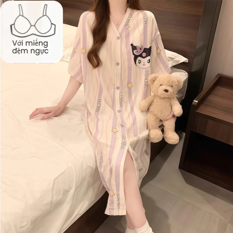 Váy Ngủ Chất Vải Mây (Cloud Cotton) Có Đệm Ngực Mới 2026 - Kiểu Áo Khoác Tay Ngắn Form Rộng Size Lớn, Thiết Kế Ngọt Ngào, Mặc Nhà & Đi Chơi Sang Trọng