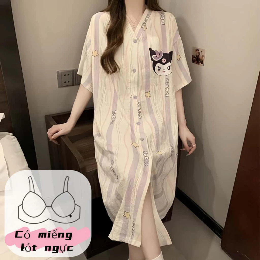 [Có đệm ngực]Áo Choàng Ngủ Nữ Phiên Bản Mới - Có Đệm Ngực, Họa Tiết Dễ Thương, Cổ V, Mặc Nhà & Đi Chơi, Thoải Mái
