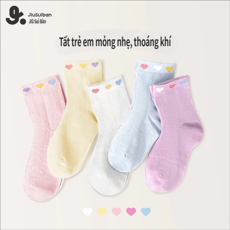 Jiusuiban 5 Gói Tất Cotton Bé Gái Dễ Thương Pastel Cầu Vồng Trái Tim Mỏng Thoáng Khí Liền Mạch Ngón Chân Giữa Ống Tất Cho Trẻ Em Tập Đi