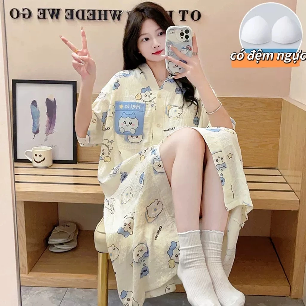 【Bông nguyên chất + Miếng ngực】Đầm ngủ dáng dài tay ngắn, cổ V, rộng rãi, có thể mặc ở nhà hoặc đi chơi - Bán chạy mùa hè