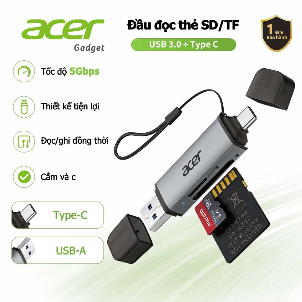 Acer Đầu đọc thẻ 2 trong 1 SD/TF OTG USB C / A Bộ chuyển đổi thẻ nhớ USB 3.0 Type C sang Micro SD Thích hợp cho điện thoại di động máy tính xách tay máy tính bảng máy tính để bàn và ảnh UC202