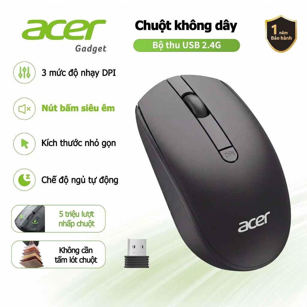 Acer Chuột Không Dây 2.4G Im Lặng Ergonomic Chuột Cho Laptop PC Windows Mac OS Chuột USB-A Đầu Thu DPI Chế Độ Ngủ Tự Động M404