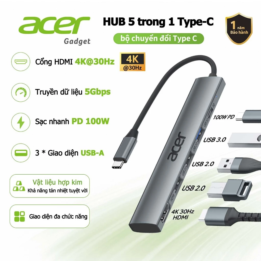 Acer Hub chia cổng usb 5 trong 1 sang 4K PD100W 3 cổng dữ liệu USB A Bộ chuyển đổi đa cổng USB C sang HDMI cho máy tính xách tay PC máy tính bảng Pad UC503