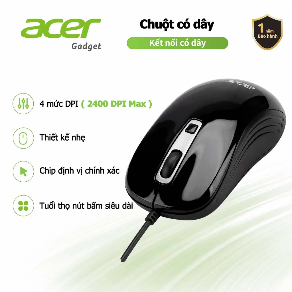 Acer Chuột có dây USB 2400 DPI trọng lượng nhẹ điều chỉnh 4 cấp độ cảm biến độ chính xác cao phù hợp cho laptop phù hợp cho cả chơi game và công việc văn phòng M402