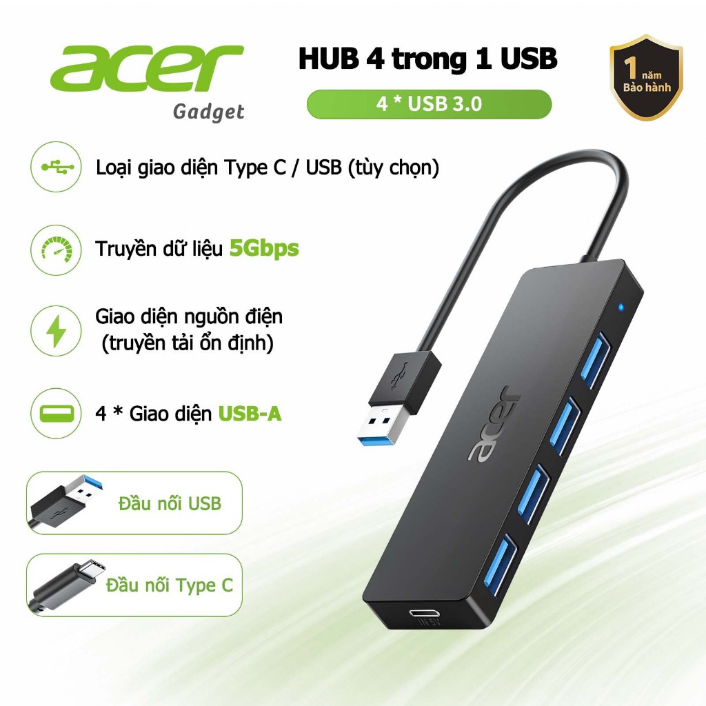 Acer Hub chuyển đổi USB Type C 4 in 1 cổng đa năng USB C bộ chia USB 3.0…